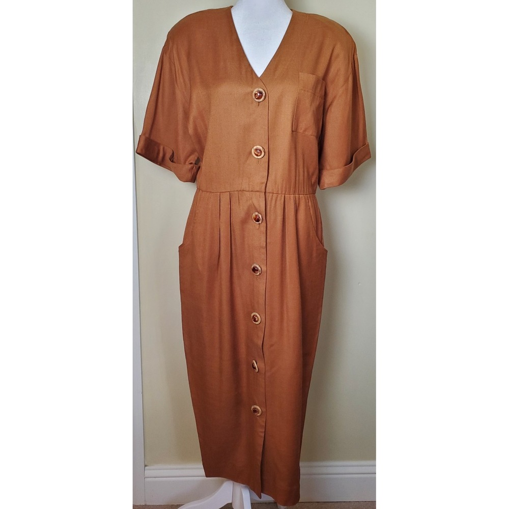 Vintage Chetta B Shirt Dress‎ Midi 12 Linen Blend Pockets Boho Chic Academia